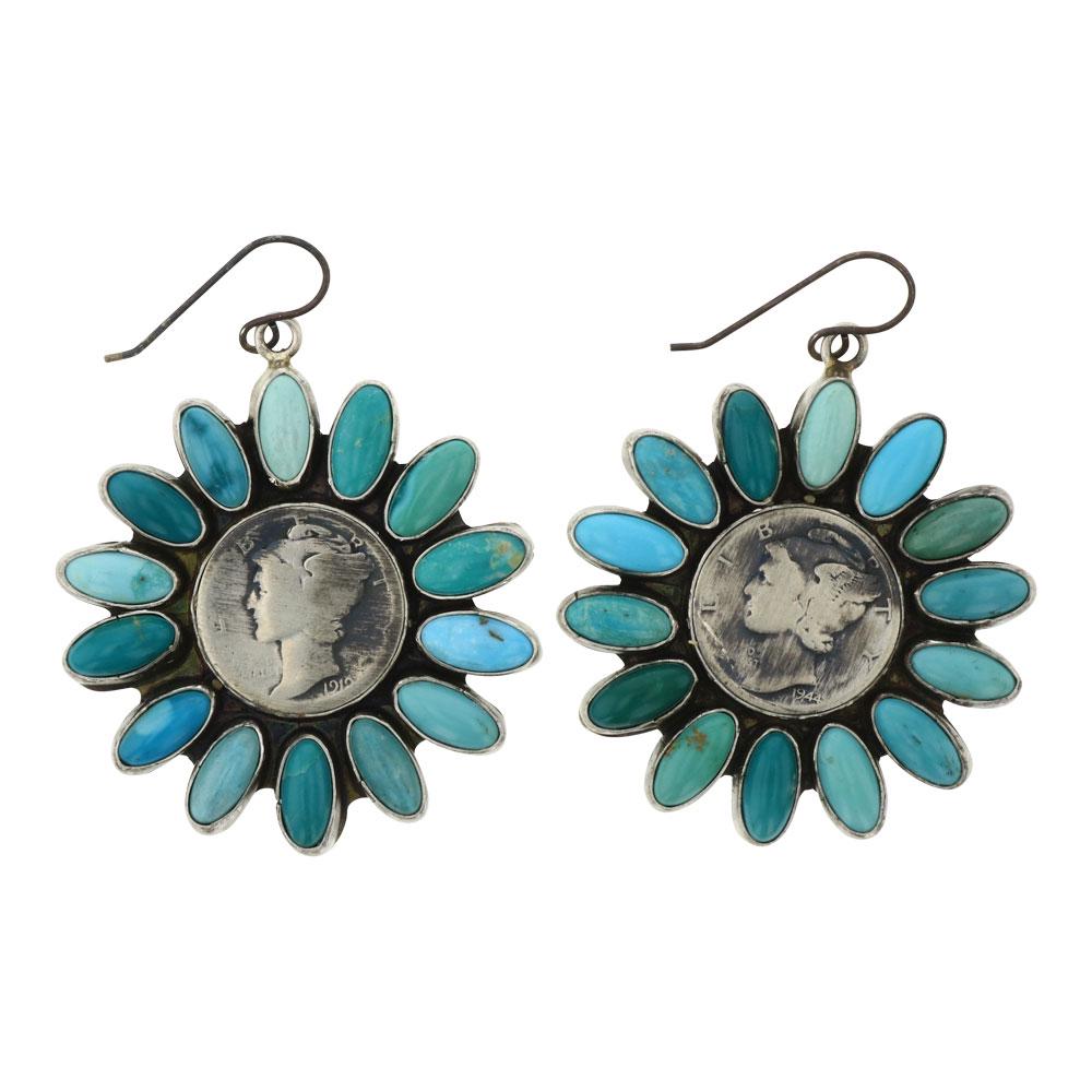 Paul Livingston Nevada Turquoise & Old Mercury Dimes: Sterling Silver | Genuine Nevada Turquoise | Paul Livingston Nevada Turquoise & Old Mercury Dimes Cluster Earrings | Navajo Native American Southwest Indian Jewelry | Weight:33.9 Grams, | Dimensions: