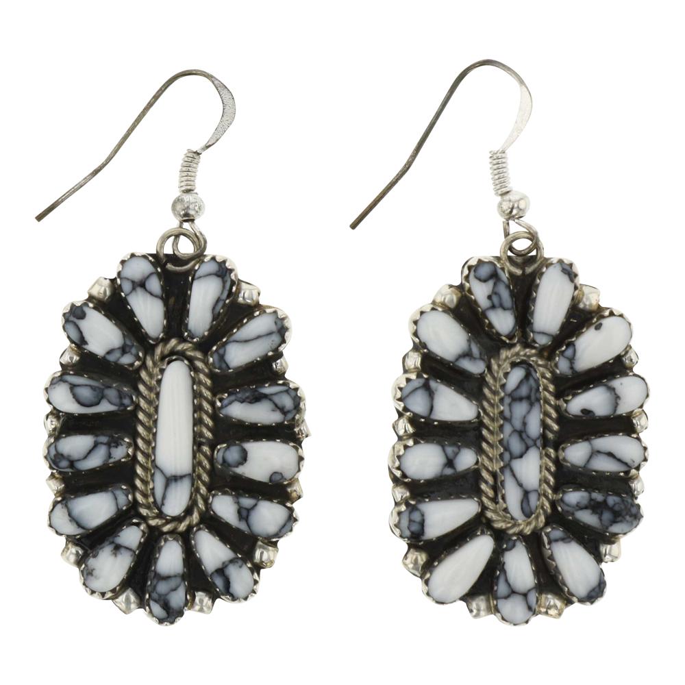 Block Howlite Cluster Earrings: Sterling Silver | Block Howlite | Block Howlite Cluster Earrings | Navajo Native American Southwest Indian Jewelry | Weight: 11.1 Grams, | Dimensions: Earrings: 1" x 2" (for both) | Signed: SW