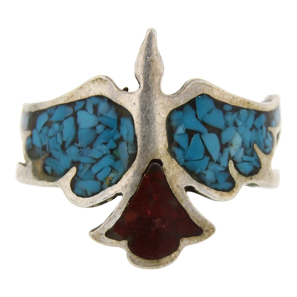 Turquoise & Coral Chip Inlay Thunderbird Ring (1 of 3)
