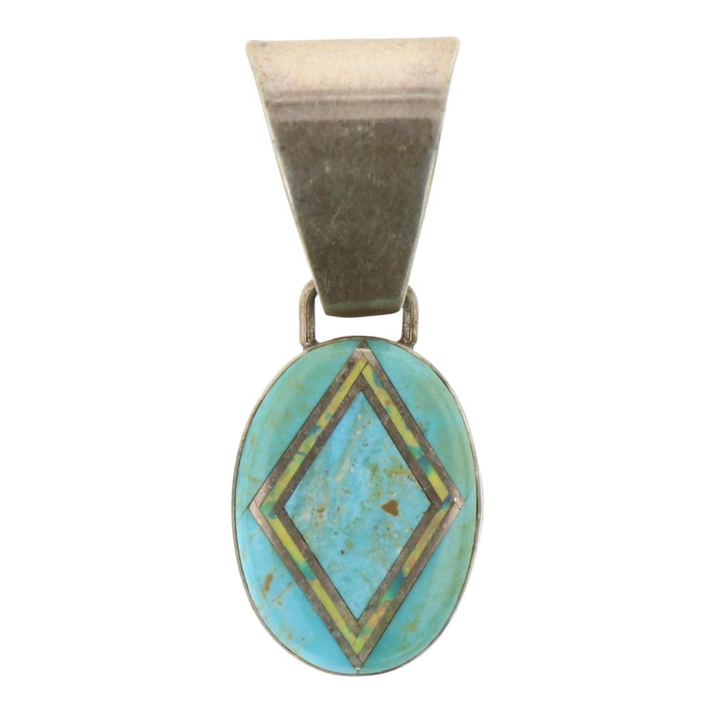 Ann Curley Inlay Synthetic Opal & Turquoise Pendant: Sterling Silver | Genuine Turquoise | Ann Curley Inlay Synthetic Opal & Turquoise Pendant | Navajo Native American Southwest Indian Jewelry | Weight: 5.4 Grams, | Dimensions: Pendant: .5" x 1.5" | Sig
