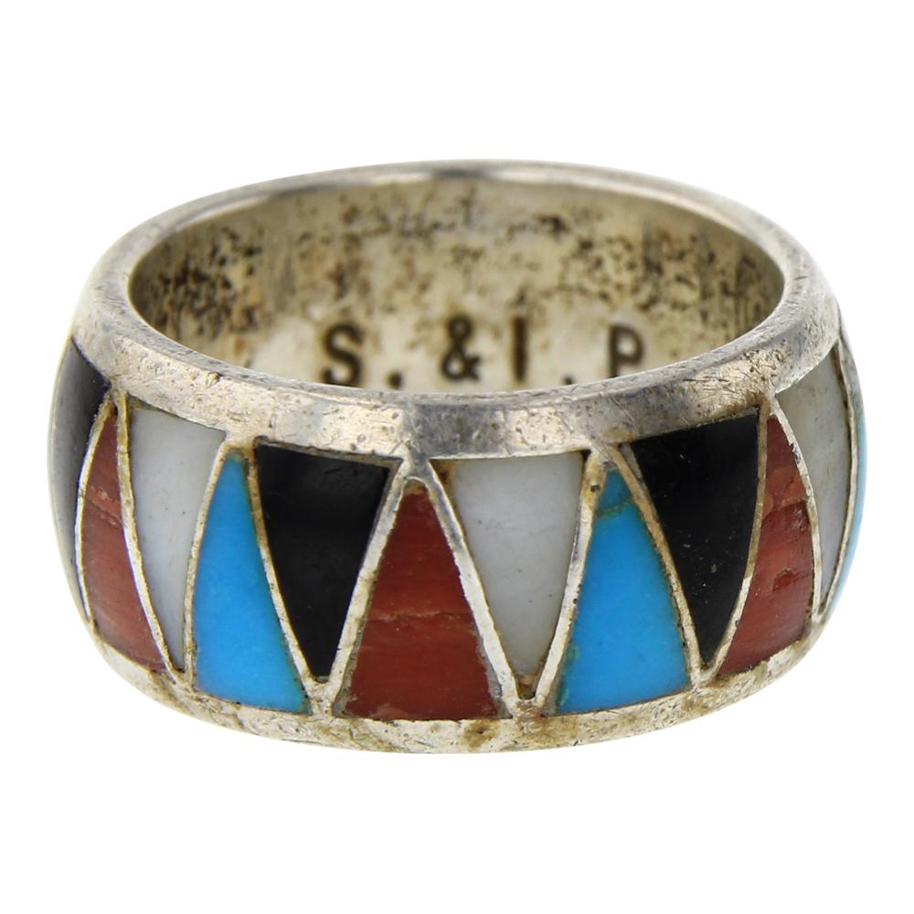 Zuni Inlay Turquoise Coral & Shell Ring (1 of 3)