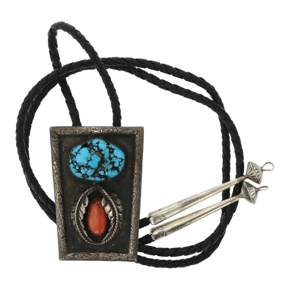 Old Pawn Kingman Nugget Turquoise & Coral Bolo Tie (1 of 3)