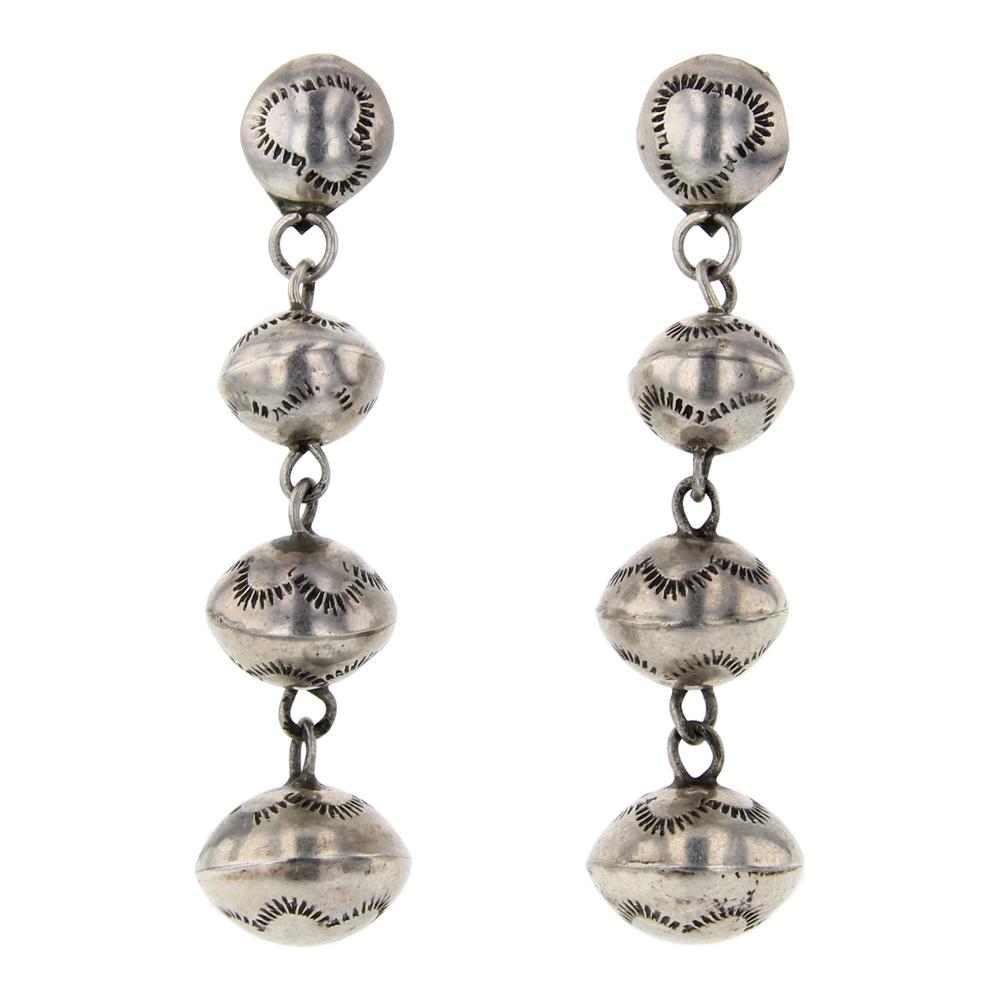 Graduated Stamped Navajo Bench Beads Earrings: Sterling Silver | | Graduated Stamped Navajo Bench Beads Earrings | Navajo Native American Southwest Indian Jewelry | Weight: 9.7 Grams, | Dimensions: Earrings: .5" x 2" (for both) |