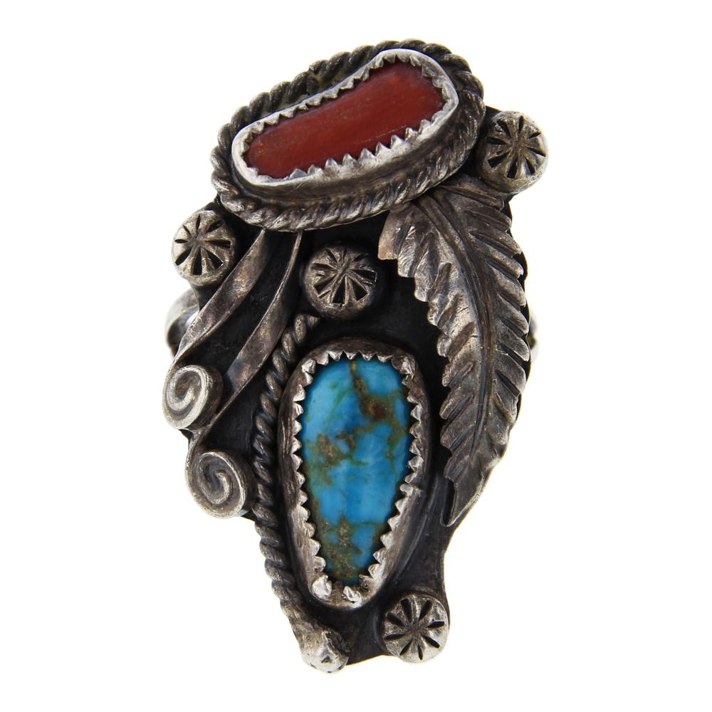 Vintage Robert Kelly Turquoise & Coral Early Work Ring: Sterling Silver | Genuine Turquoise & Coral | Vintage Robert Kelly Turquoise & Coral Early Work Ring | Navajo Native American Southwest Indian Jewelry | Weight: 9.4 Grams, | Dimensions: Ring: 9.25 siz