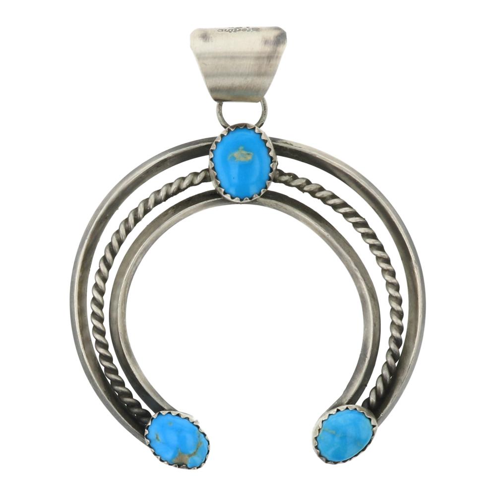 Leon Kurly Kingman Turquoise Naja Pendant: Sterling Silver | Genuine Kingman Turquoise | Leon Kurly Kingman Turquoise Naja Pendant | Navajo Native American Southwest Indian Jewelry | Weight: 12.6 Grams, | Dimensions: Pendant: 2" x 2.5" | Signe