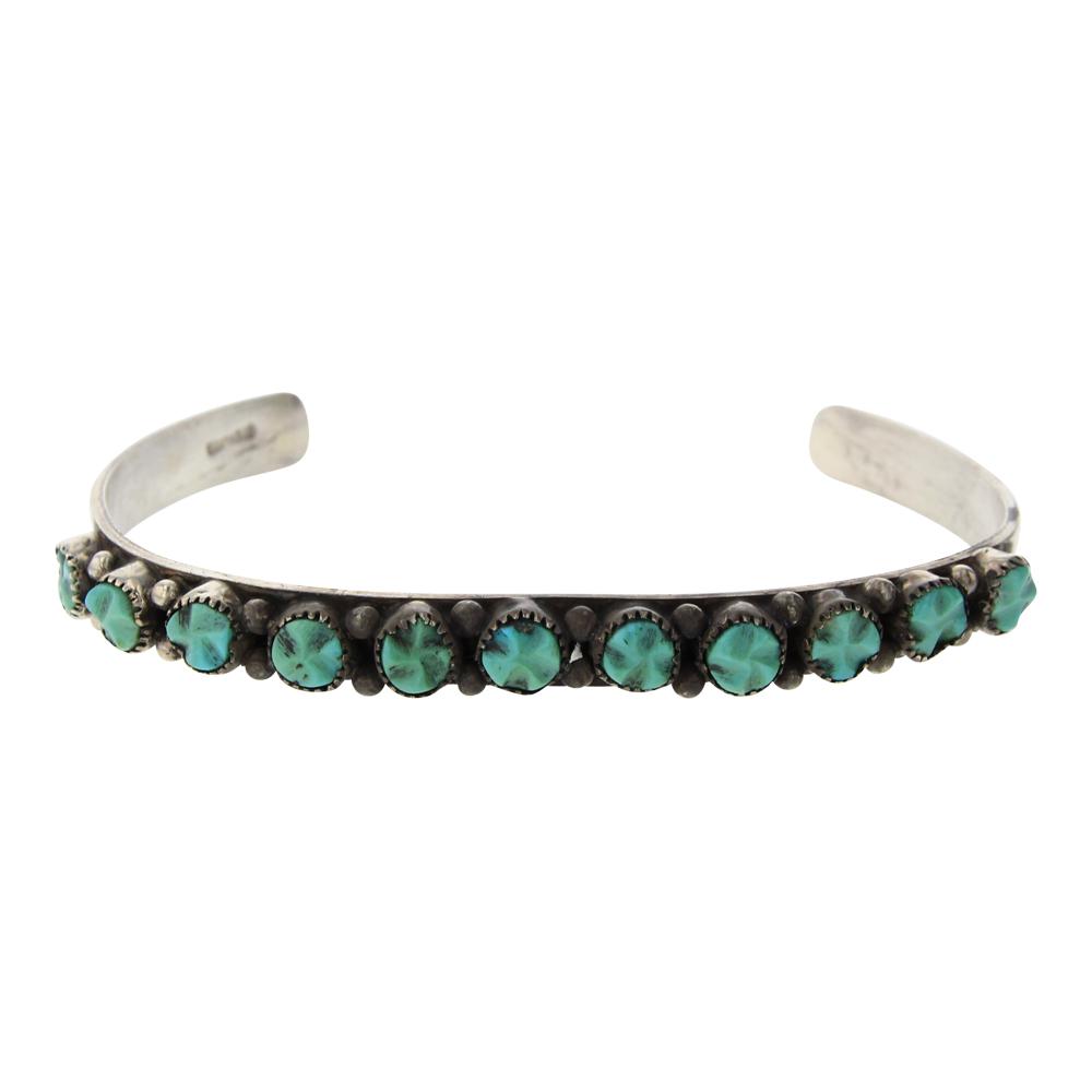 Zuni Turquoise Nugget Row Bracelet: Sterling Silver | Genuine Turquoise | Zuni Turquoise Nugget Row Bracelet | Zuni Native American Southwest Indian Jewelry | Weight: 15.3 Grams, | Dimensions: Bracelet: 5.5" inner, 1.5" gap, 7" total, .