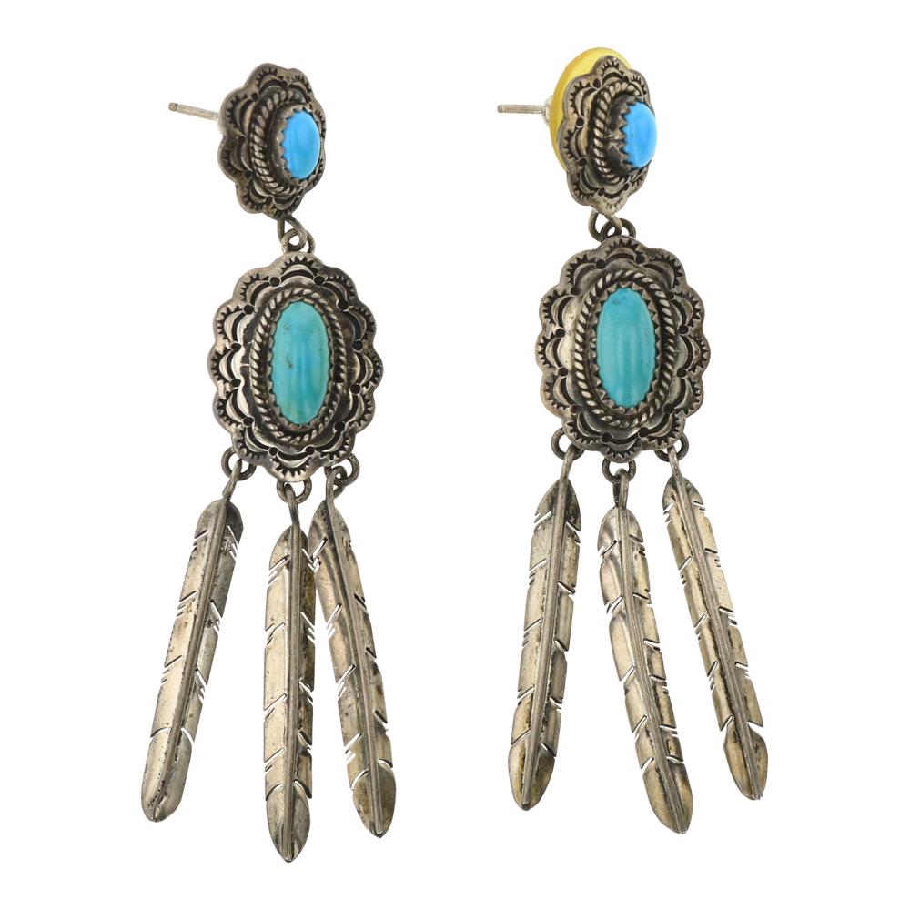 Kingman Turquoise Stamp work & Feather Dangle Earrings (1 of 2)