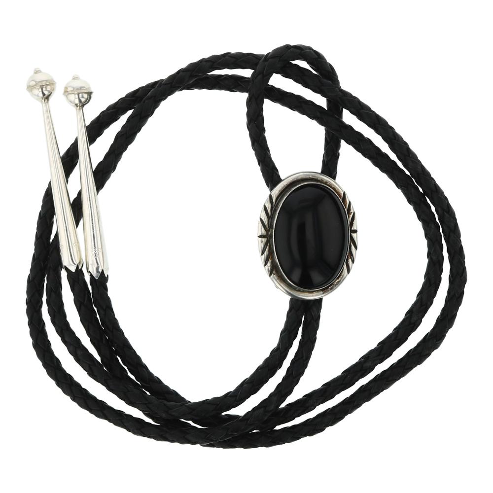 Black Onyx Bolo Tie: Sterling Silver | Genuine Black Onyx | Black Onyx Bolo Tie | Navajo Native American Southwest Indian Jewelry | Weight: 35.4 Grams, | Dimensions: Bolo Tie: 22" length, 1" x 1.5" bolo |