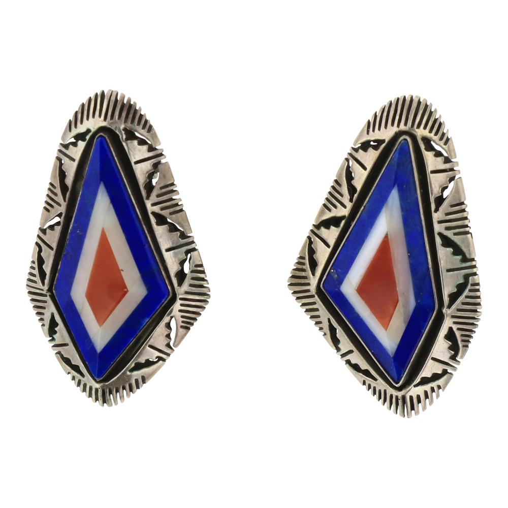 Navajo Secatero Inlay Lapis Mother of Peral & Coral: Sterling Silver | Genuine Lapis Mother of Pearl & Coral | Navajo Secatero Inlay Lapis Mother of Peral & Coral Post Earrings | Navajo Native American Southwest Indian Jewelry | Weight: 15.5 Grams, | Di
