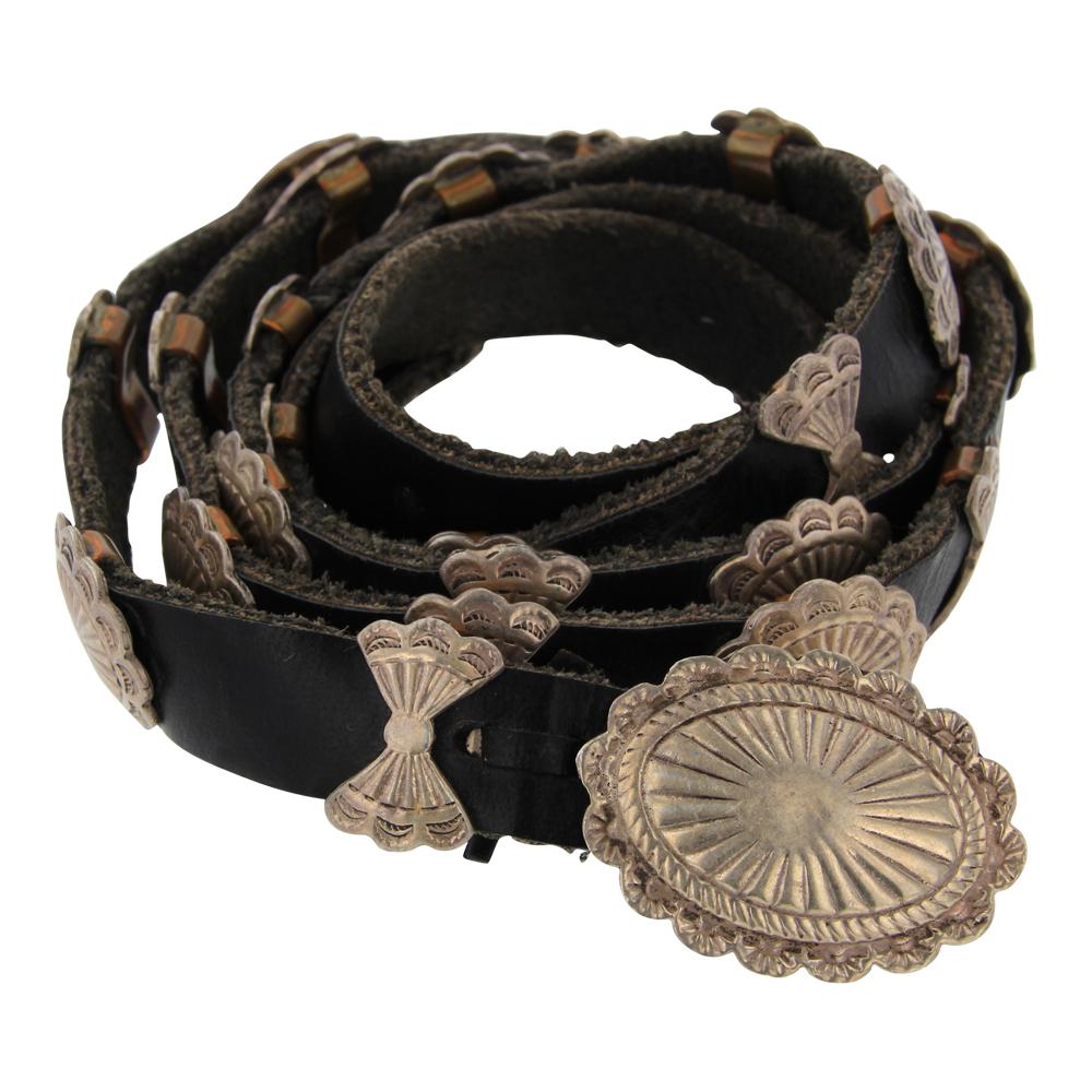 Navajo Plain Silver Traditional Concho Belt: Sterling Silver | | Navajo Plain Silver Traditional Concho Belt | Navajo Native American Southwest Indian Jewelry | Weight: 94 Grams, | Dimensions: Belt: 43" length, 1.25" x 1" buckle, .75" diameter (