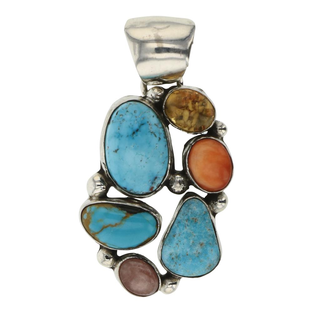 Emer Thompson Turquoise & Spiny Oyster Pendant: Sterling Silver | Genuine Turquoise & Spiny Oyster | Emer Thompson Turquoise & Spiny Oyster Pendant | Navajo Native American Southwest Indian Jewelry | Weight: 16.5 Grams, | Dimensions: Pendant: 1" x