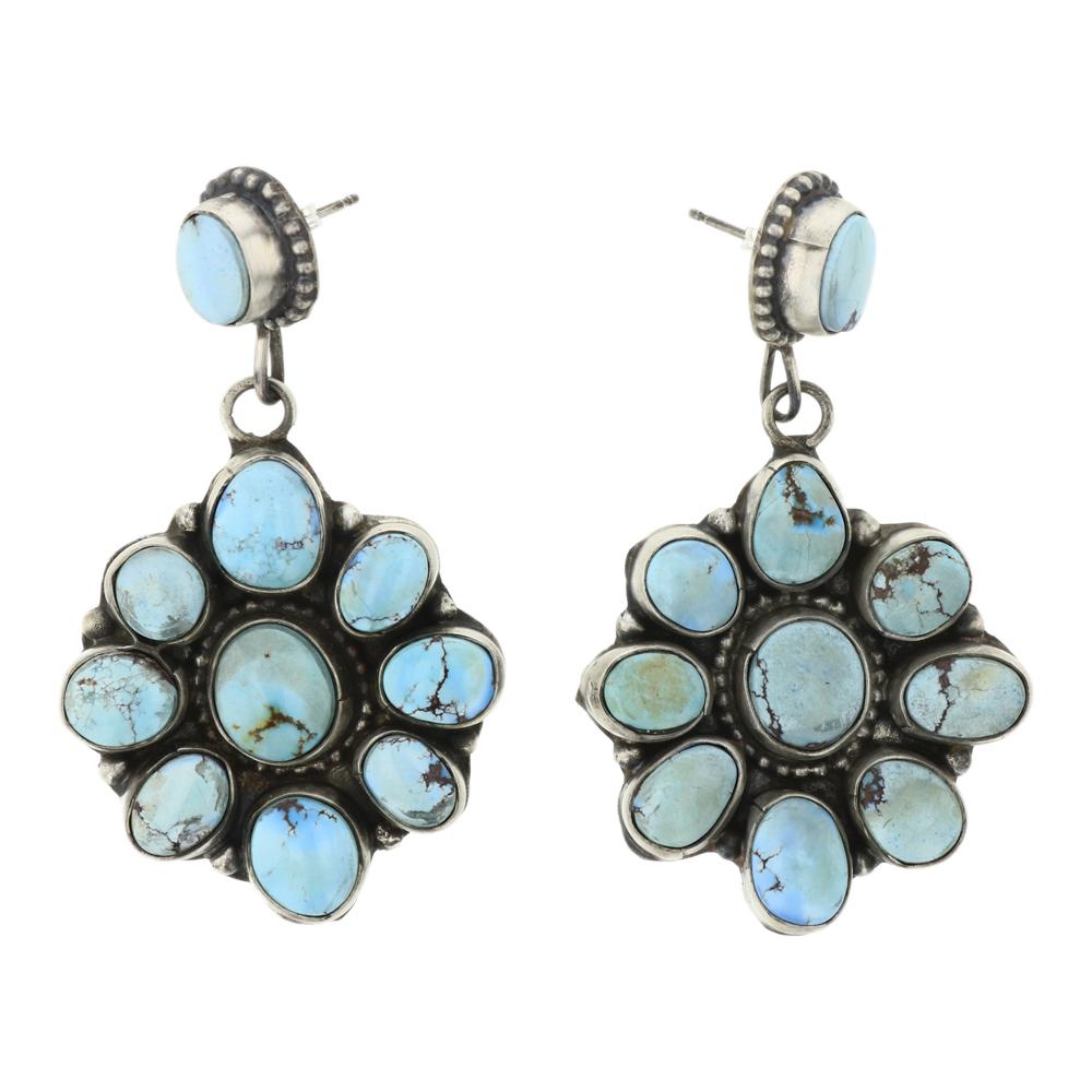 Lydia Begay Golden Hill Turquoise Cluster Earrings: Sterling Silver | Genuine Golden Hill Turquoise | Lydia Begay Golden Hill Turquoise Cluster Earrings | Navajo Native American Southwest Indian Jewelry | Weight: 30.3 Grams, | Dimensions: Earrings: 1.5
