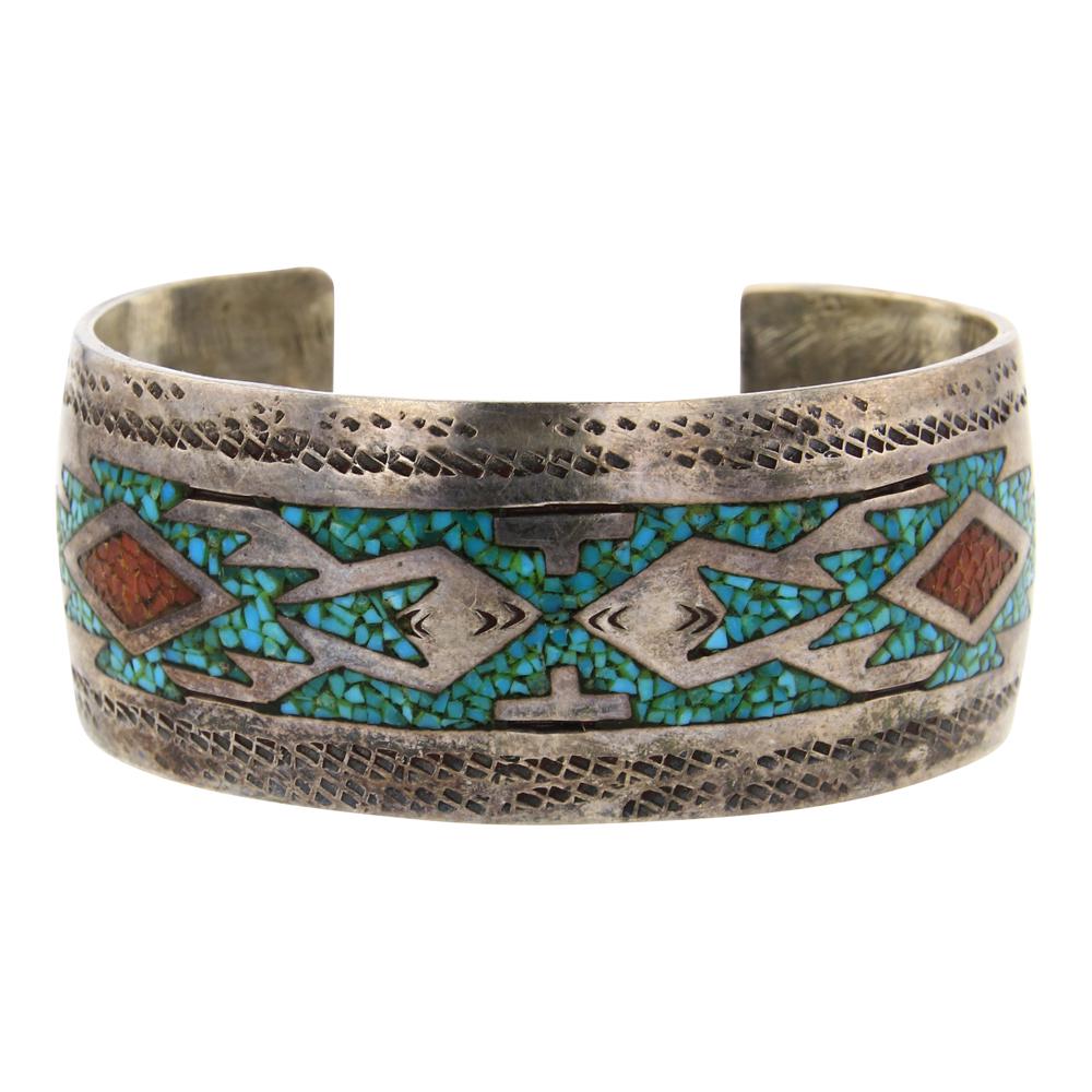 old Pawn Turquoise & Coral Chip Inlay Cuff Bracelet (1 of 3)