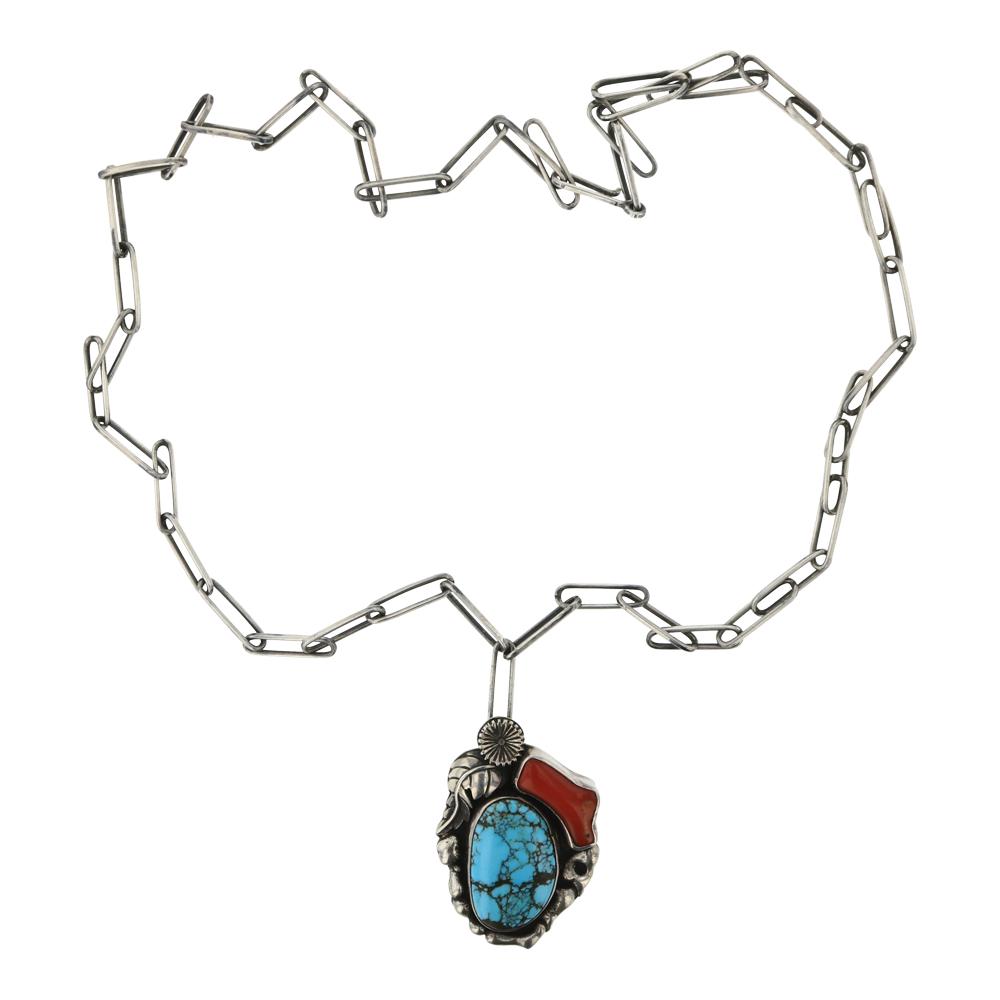 Old pawn Turquoise & Coral Necklace: Sterling Silver | Genuine Turquoise & Coral | Old pawn Turquoise & Coral Necklace | Navajo Native American Southwest Indian Jewelry | Weight: 42.5 Grams, | Dimensions: Necklace: 28" length, 1.25" x 2"