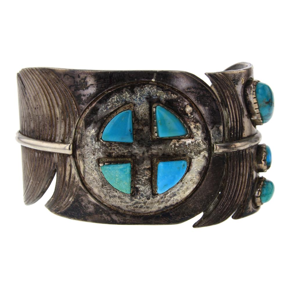 Old Pawn Kingman Turquoise Feather Cuff Bracelet (1 of 3)