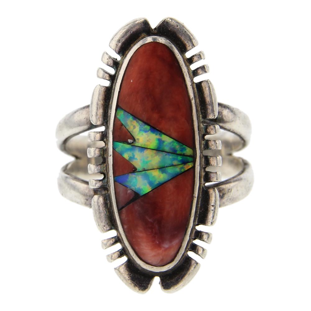 Spiny Oyster & Opal Inlay Ring: Sterling Silver | Genuine Spiny Oyster & Synthetic Opal | Spiny Oyster & Opal Inlay Ring | Navajo Native American Southwest Indian Jewelry | Weight:5.3 Grams, | Dimensions: Ring: 5.5 size, 1" face wid