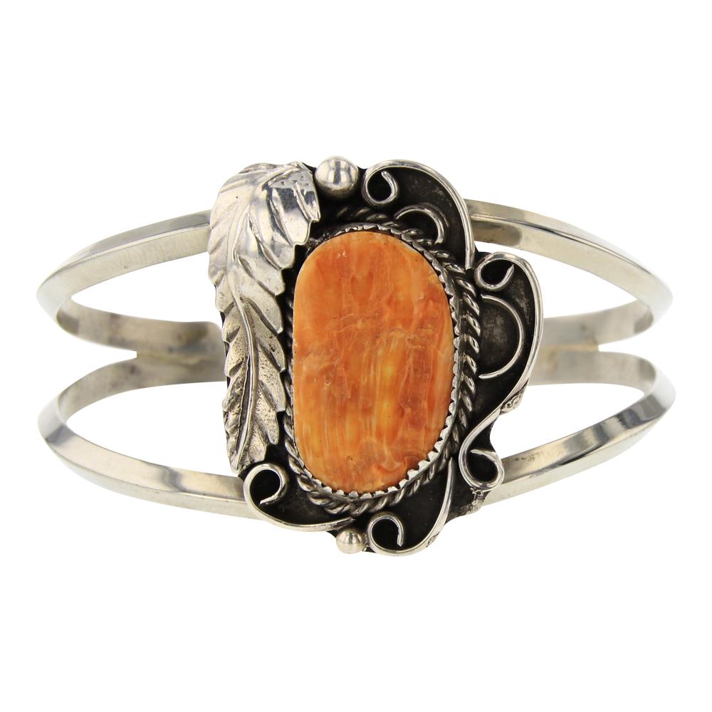 EK Spiny Oyster Leaf Bracelet: Sterling Silver | Genuine Spiny Oyster | EK Spiny Oyster Leaf Bracelet | Navajo Native American Southwest Indian Jewelry | Weight:27.1 Grams, | Dimensions: Bracelet: 6" inner, 1" gap, 7" total, 1.5" f