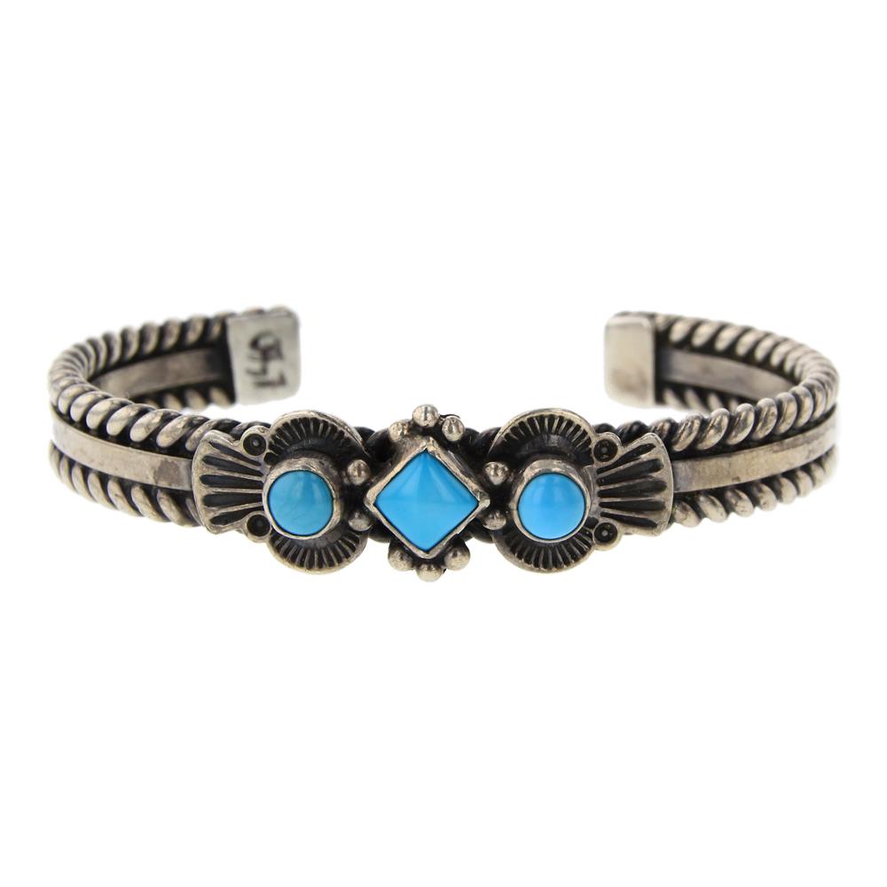Darrel Cadman Kingman Turquoise Bracelet: Sterling Silver | Genuine Kingman Turquoise | Darrel Cadman Kingman Turquoise Bracelet | Navajo Native American Southwest Indian Jewelry | Weight:30.6 Grams, | Dimensions: Bracelet: 5.25" inner, .75"