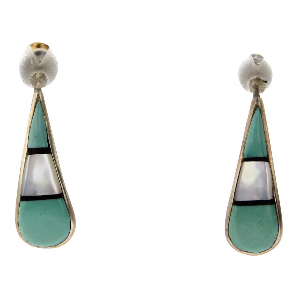 Vintage Zuni Turquoise & Mother of Pearl Drop Earrings: Sterling Silver | Genuine Turquoise & Mother of Perl | Vintage Zuni Turquoise & Mother of Pearl Drop Earrings | Zuni Native American Southwest Indian Jewelry | Weight: 1.7 Grams, | Dimensions: Earring