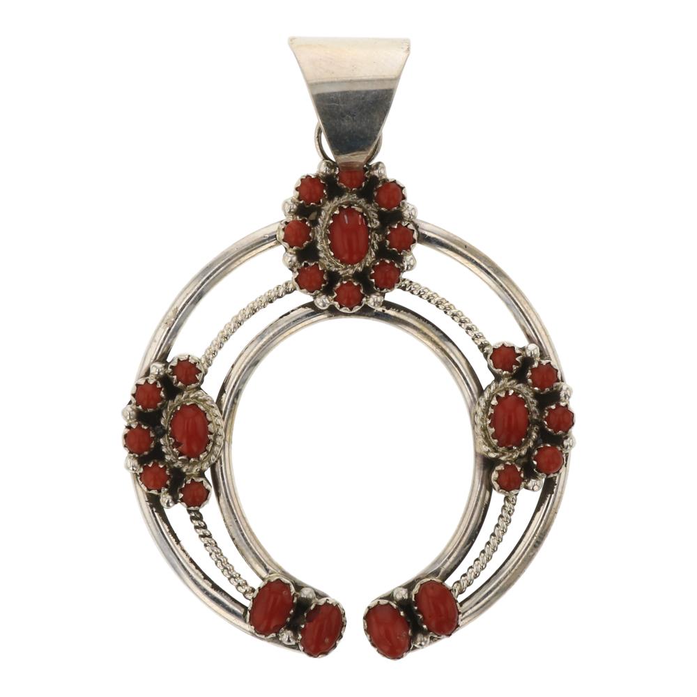 Navajo Coral Cluster Naja Pendant: Sterling Silver | Genuine Coral | Navajo Coral Cluster Naja Pendant | Navajo Native American Southwest Indian Jewelry | Weight: 14.8 Grams, | Dimensions: Pendant: 2" x 2.75" |