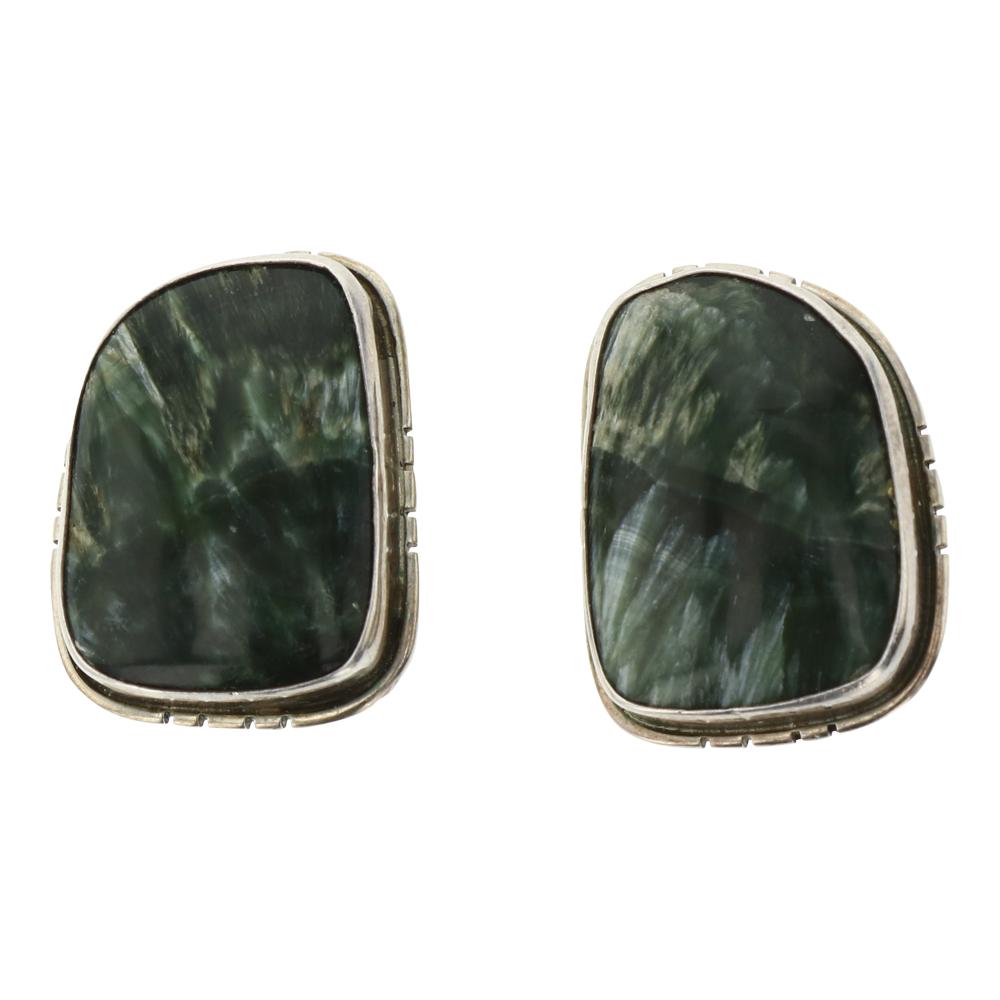 R. Tom Vintage Navajo Clip On Seraphinite Earrings: Sterling Silver | Genuine Seraphinite | R. Tom Vintage Navajo Clip On Seraphinite Earrings | Navajo Native American Southwest Indian Jewelry | Weight: 13.5 Grams, | Dimensions: Earrings: .75" x 1" (fo