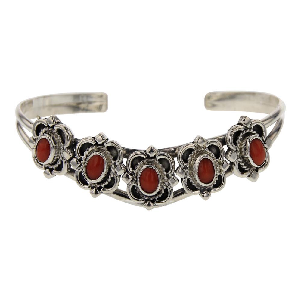 Navajo Five Stone Coral Bracelet: Sterling Silver | Genuine Coral | Navajo Five Stone Coral Bracelet | Navajo Native American Southwest Indian Jewelry | Weight: 17.4 Grams, | Dimensions: Bracelet: 5.5" inner, 1" gap, 6.5" total, .5" f