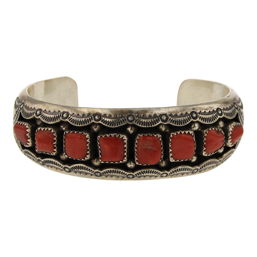 Wilbert Musket Branch Coral Shadowbox Cuff Bracelet: Sterling Silver | Genuine Branch Coral | Wilbert Musket Branch Coral Shadowbox Cuff Bracelet | Navajo Native American Southwest Indian Jewelry | Weight: 36.3 Grams, | Dimensions: Bracelet: 5.25" inner
