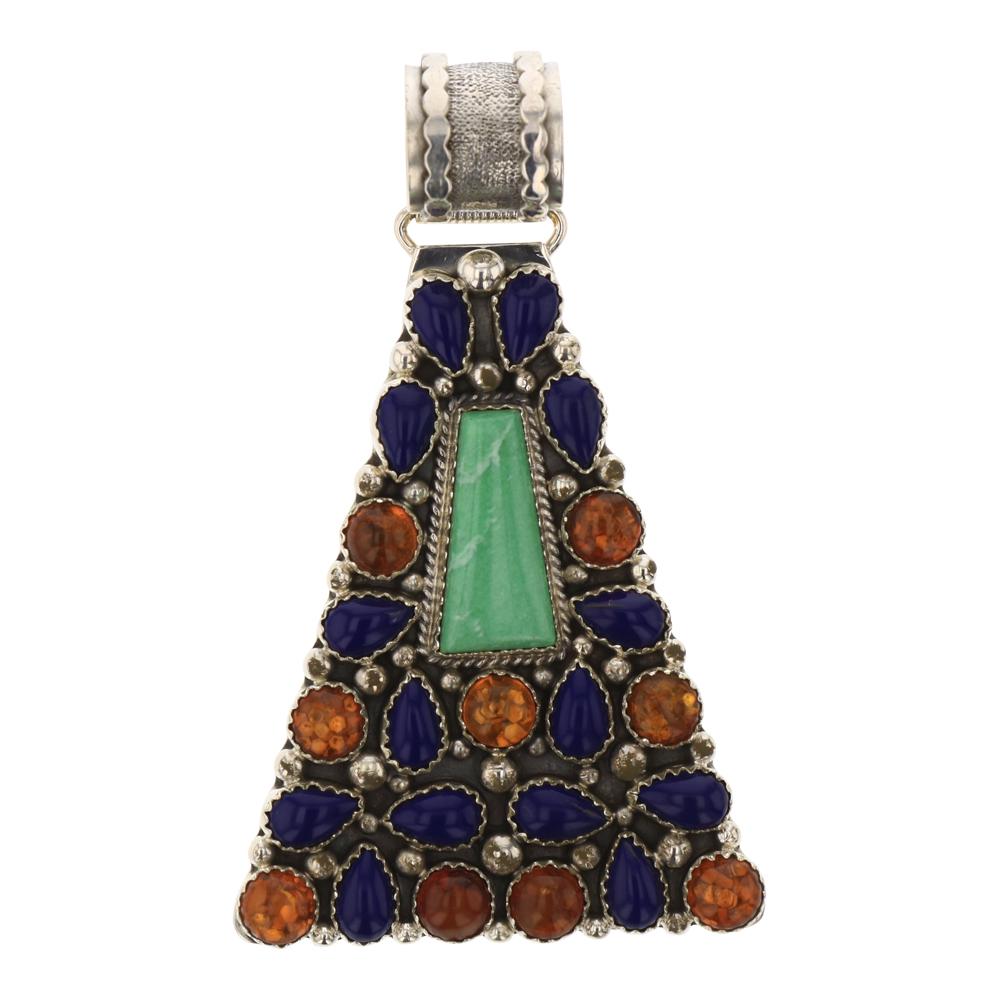 Lapis Amber & Turquoise Triangle Pendant: Sterling Silver | Genuine Lapis, Amber & Turquoise | Lapis Amber & Turquoise Triangle Pendant | Navajo Native American Southwest Indian Jewelry | Weight: 30.4 Grams, | Dimensions: Pendant: 1.75" x 3"