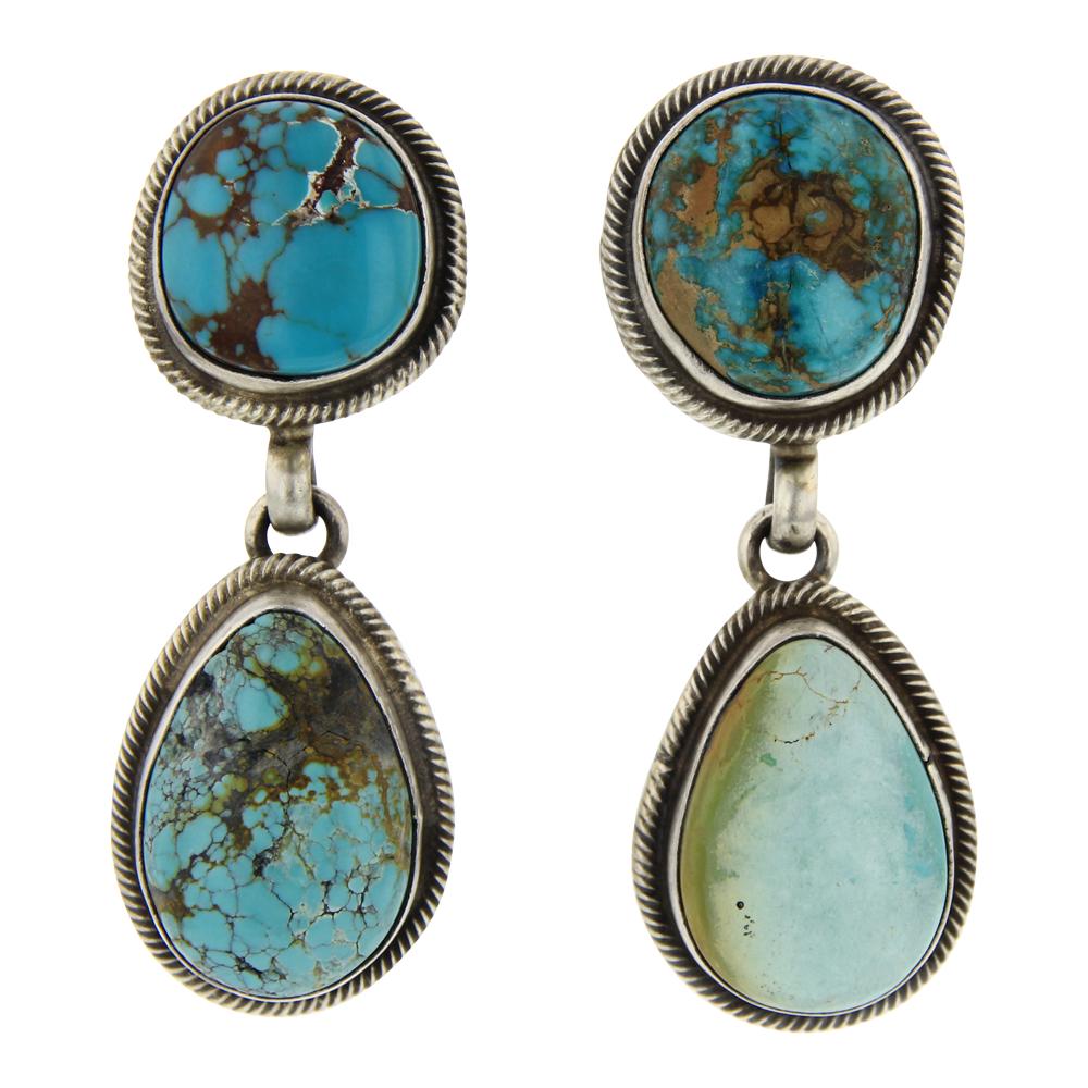 Darrin Livingston Mixed Nevada Turquoise Earrings: Sterling Silver | Genuine Nevada Turquoise | Darrin Livingston Mixed Nevada Turquoise Earrings | Navajo Native American Southwest Indian Jewelry | Weight: 24.1 Grams, | Dimensions: Earrings: .75" x 2"