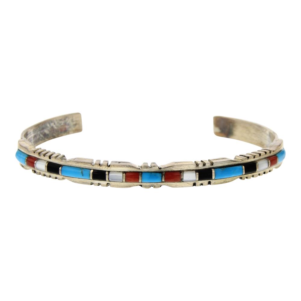 Zuni Inlay Turquoise Coral & MoP Bracelet: Sterling Silver | Genuine Turquoise, Coral & Mother of Pearl | Zuni Inlay Turquoise Coral & MoP Bracelet | Zuni Native American Southwest Indian Jewelry | Weight: 12.1 Grams, | Dimensions: Bracelet: 5