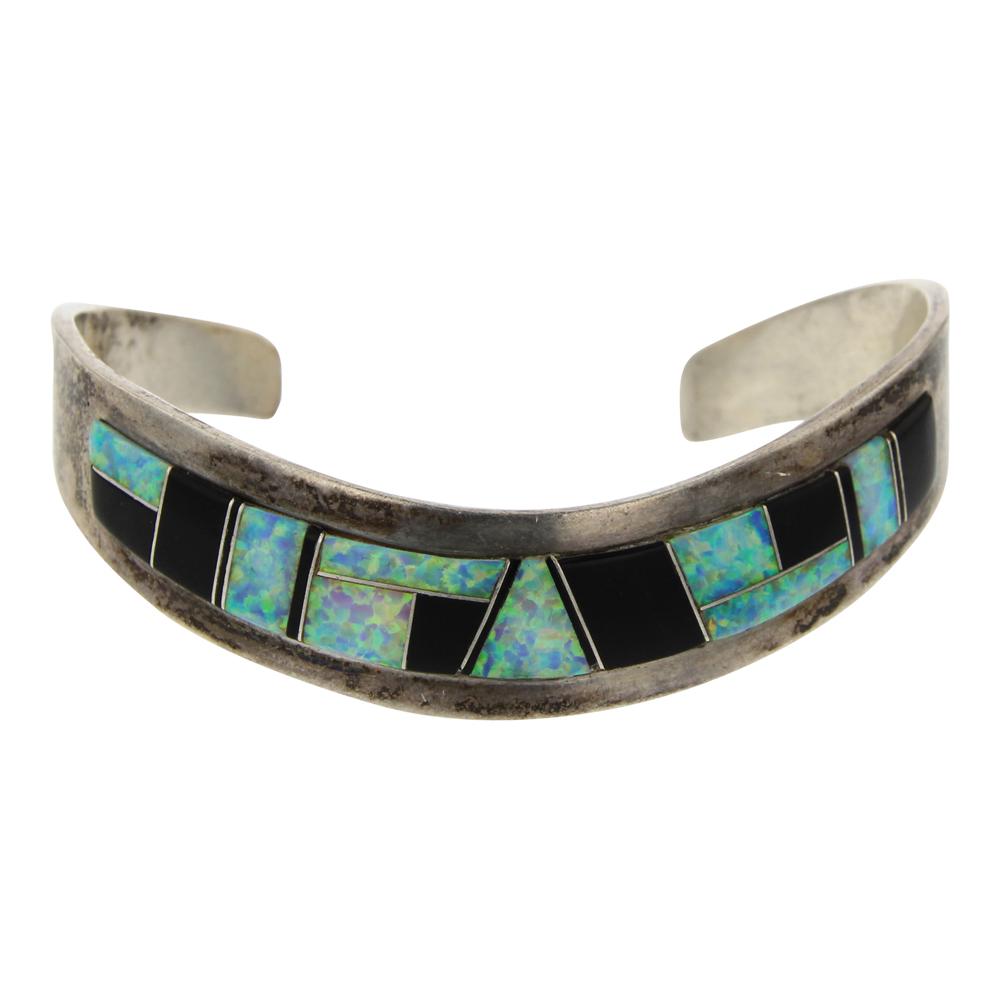 Jimmy Secatero Black Onyx & Synthetic Opal Bracelet: Sterling Silver | Genuine Black Onyx & Synthetic Opal | Jimmy Secatero Black Onyx & Synthetic Opal Bracelet | Navajo Native American Southwest Indian Jewelry | Weight: 20.7 Grams, | Dimensions: Bracel