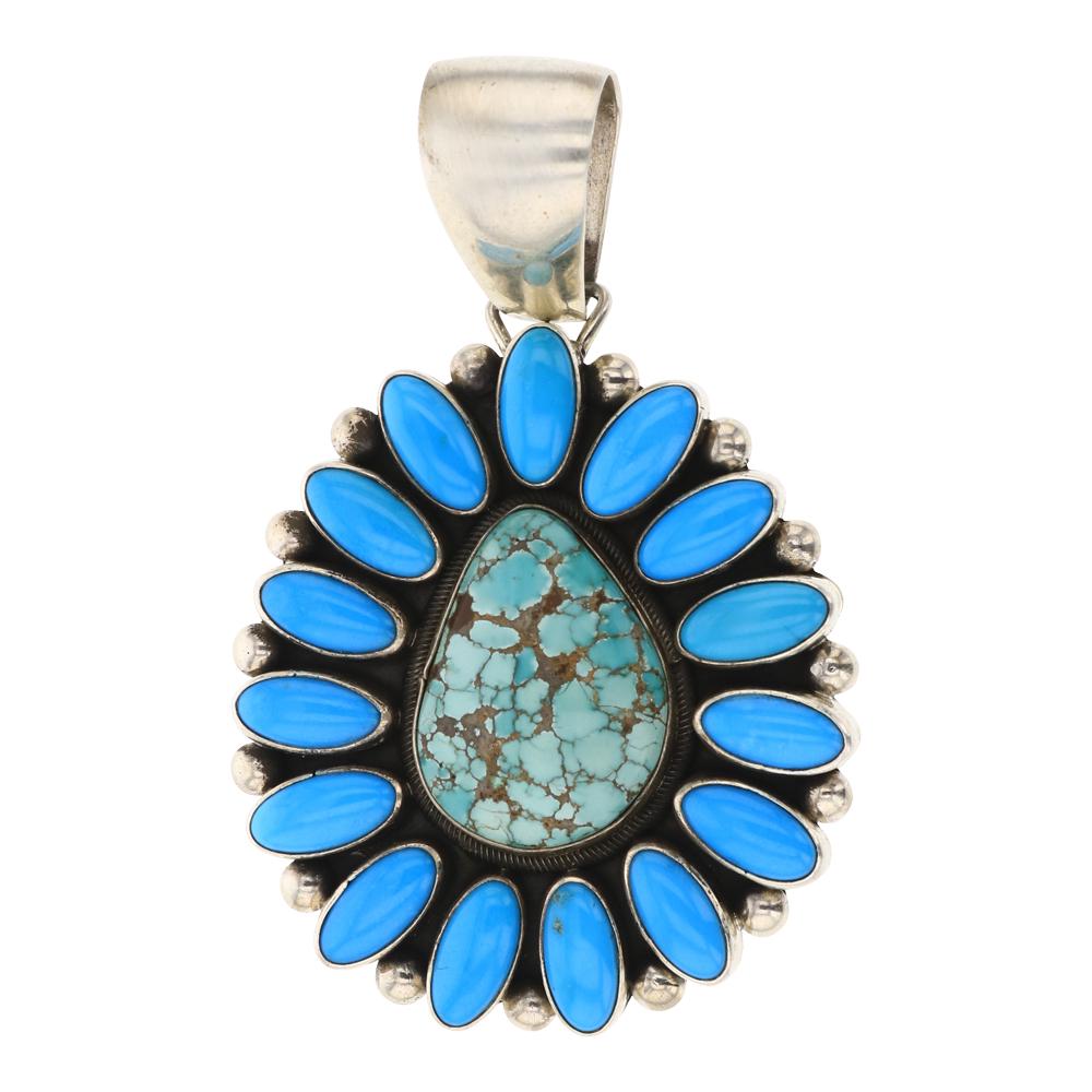 Beatty Tom Godbers & Sleeping Beauty Turquoise Cluster: Sterling Silver | Genuine Godbers Turquoise & Sleeping Beauty Turquoise | Beatty Tom Godbers & Sleeping Beauty Turquoise Cluster Pendant | Navajo Native American Southwest Indian Jewelry | Weight: 37.