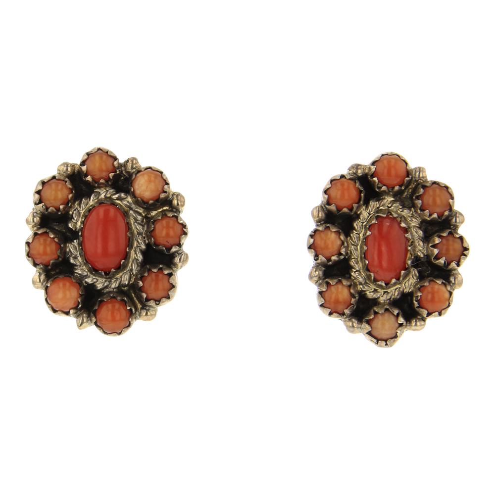 Coral Cluster Earrings: Sterling Silver | Genuine Coral | Coral Cluster Earrings | Navajo Native American Southwest Indian Jewelry | Weight: 3.9 Grams, | Dimensions: Earrings: .5" x .75" (for both) | Signed: NC