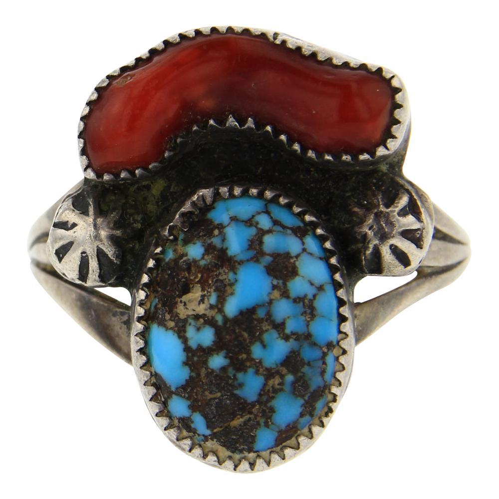 Old Pawn Kingman Turquoise & Freeform Branch Coral Ring (1 of 3)