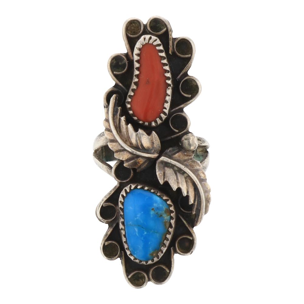 Vintage Pawn Turquoise 7 Coral Leaf Ring (1 of 3)