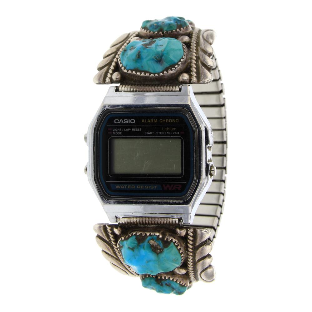 Old Pawn Robert & Bernice Leekya Turquoise Watch: Sterling Silver & Stainless Steel Speidel Band | Genuine Turquoise | Old Pawn Robert & Bernice Leekya Turquoise Watch Bracelet | Navajo Native American Southwest Indian Jewelry | Weight: 61.5 Grams, |