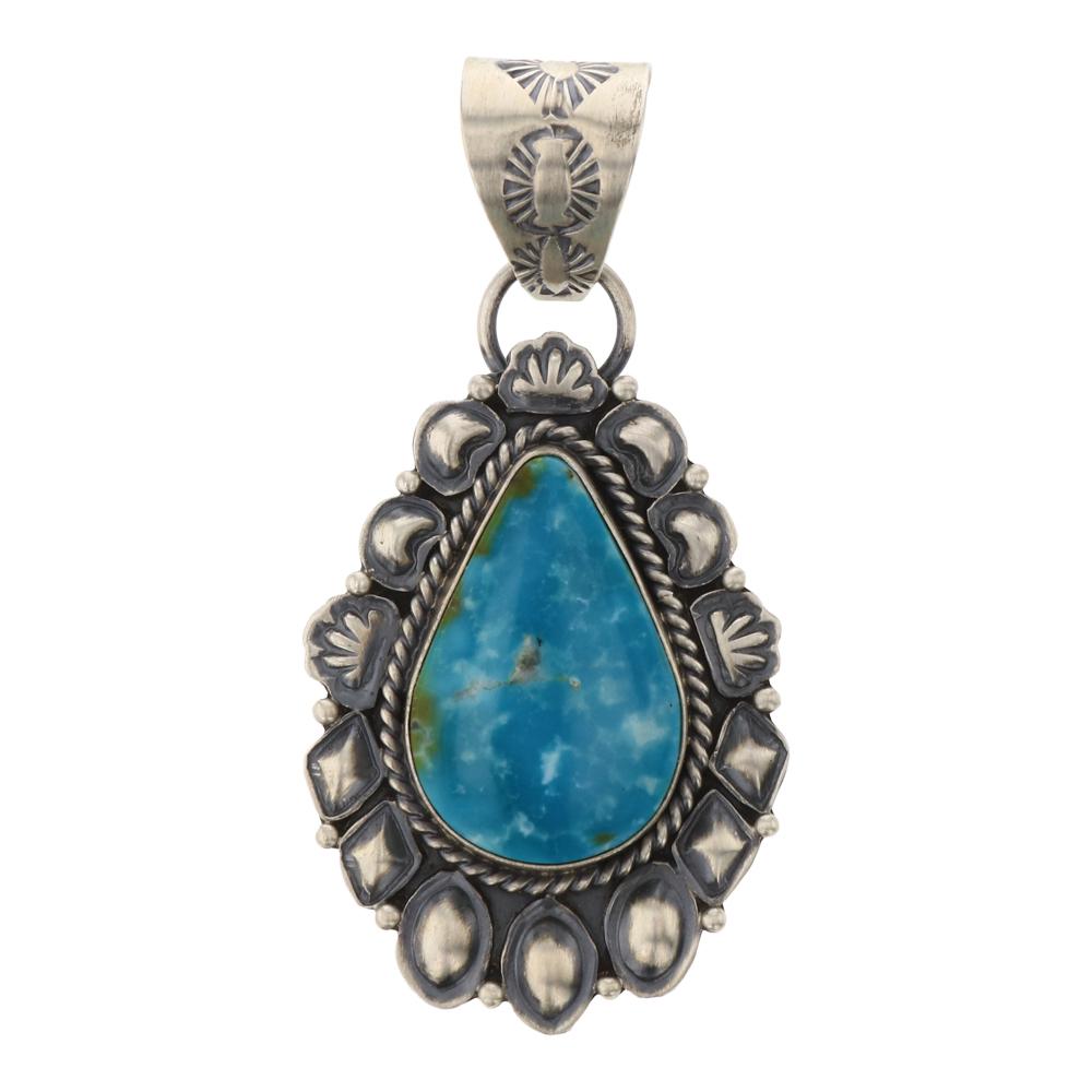 Jeff James Jr. Blue Ridge Turquoise Pendant: Sterling Silver | Genuine Blue Ridge Turquoise | Jeff James Jr. Blue Ridge Turquoise Pendant | Navajo Native American Southwest Indian Jewelry | Weight: 31.4 Grams, | Dimensions: Pendant: 1.5" x 3" | 