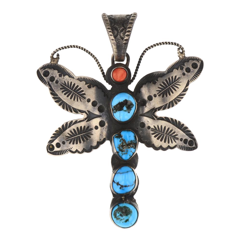 Shawn Catineto Kingman Turquoise & Coral Dragonfly: Sterling Silver | Genuine Kingman Turquoise & Coral | Shawn Catineto Kingman Turquoise & Coral Dragonfly Pendant | Navajo Native American Southwest Indian Jewelry | Weight: 34.3 Grams, | Dimensions: P