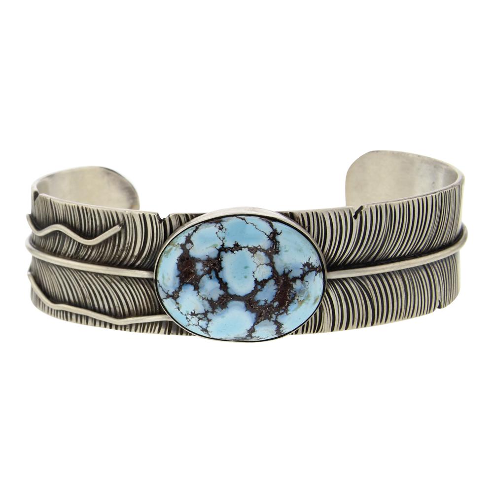 Lorenzo Juan Golden Hill Turquoise Feather Cuff: Sterling Silver | Genuine Golden Hill Turquoise | Lorenzo Juan Golden Hill Turquoise Feather Cuff Bracelet | Navajo Native American Southwest Indian Jewelry | Weight: 48.4 Grams, | Dimensions: Bracele