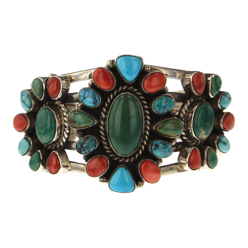Bobby Johnson Turquoise & Coral Cluster Bracelet (1 of 4)