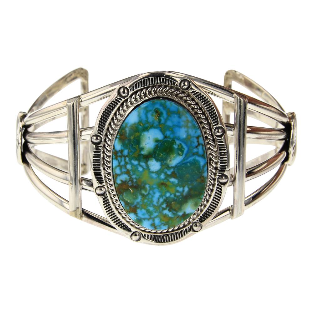 Ray Delgarito Turquoise Mountain Turquoise Bracelet: Sterling Silver | Genuine Turquoise Mountain Turquoise | Ray Delgarito Turquoise Mountain Turquoise Bracelet | Navajo Native American Southwest Indian Jewelry | Weight: 50.5 Grams, | Dimensions: Brace