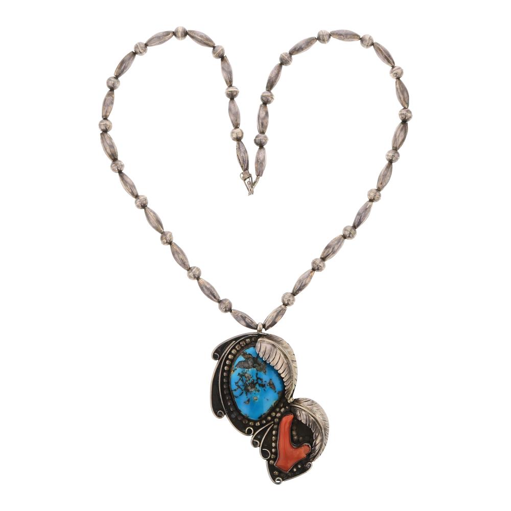 Old Pawn Kingman Turquoise & Freeform Coral Branch: Sterling Silver | Genuine Kingman Turquoise & Freeform Coral | Old Pawn Kingman Turquoise & Freeform Coral Branch Necklace | Navajo Native American Southwest Indian Jewelry | Weight: 70.7 Grams, | Dim