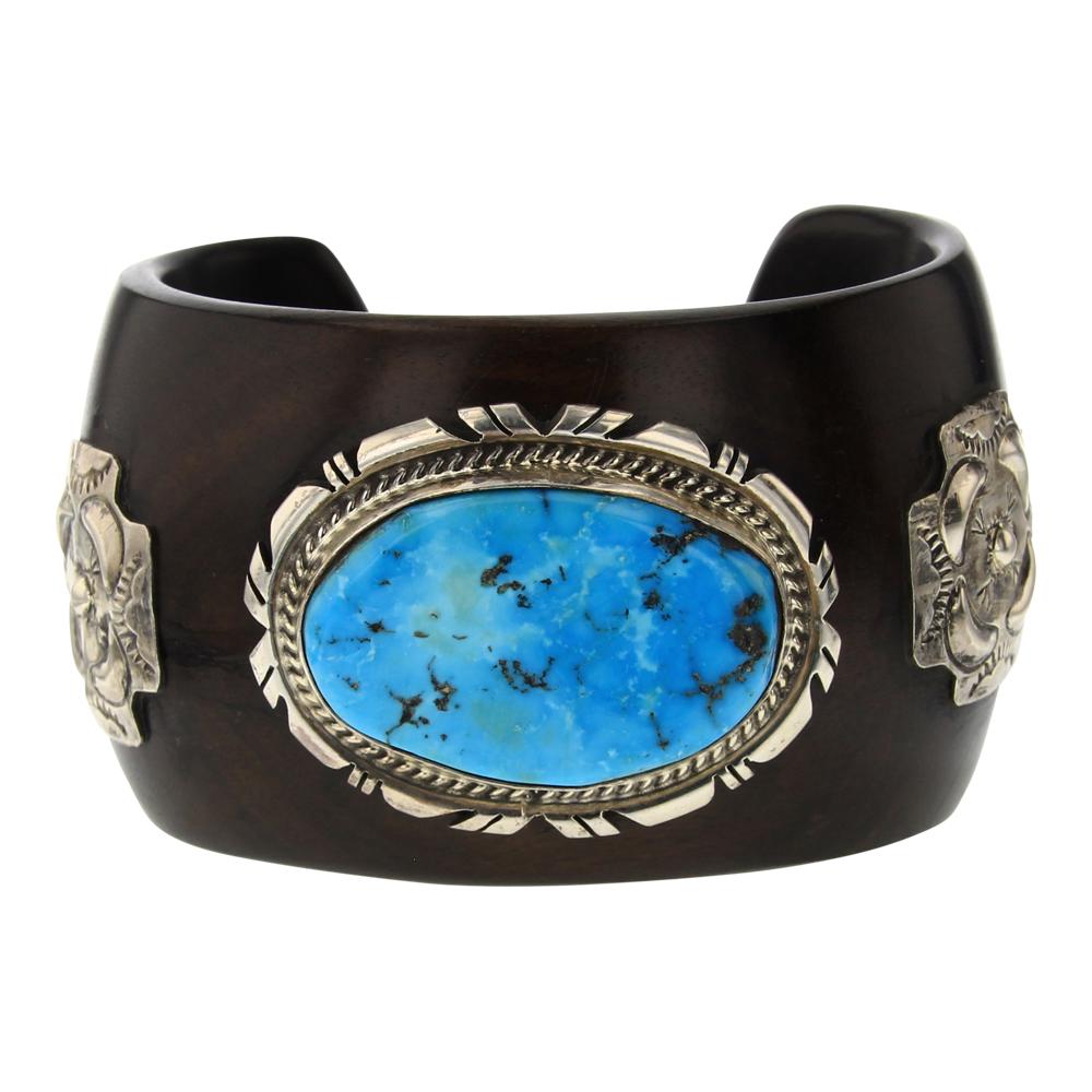 Sterling Silver  on Polished Wood  Turquoise Cuff (1 of 3)