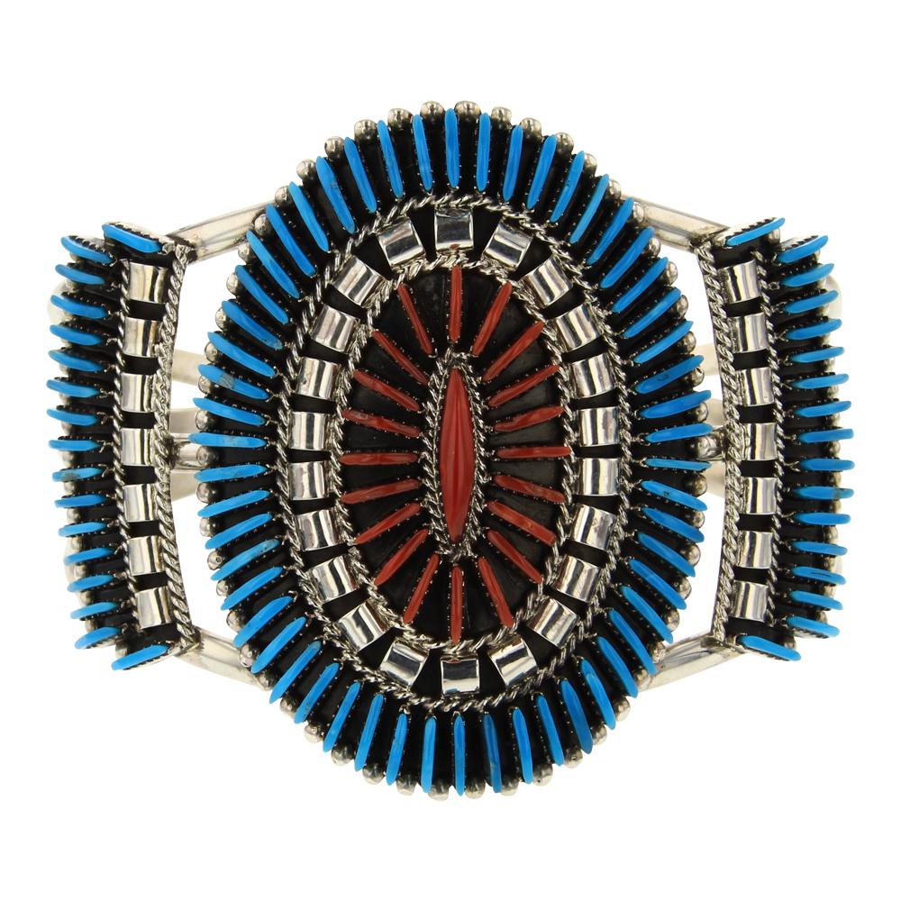 Ed Cooyate Zuni Needlepoint Turquoise & Coral Bracelet (1 of 3)