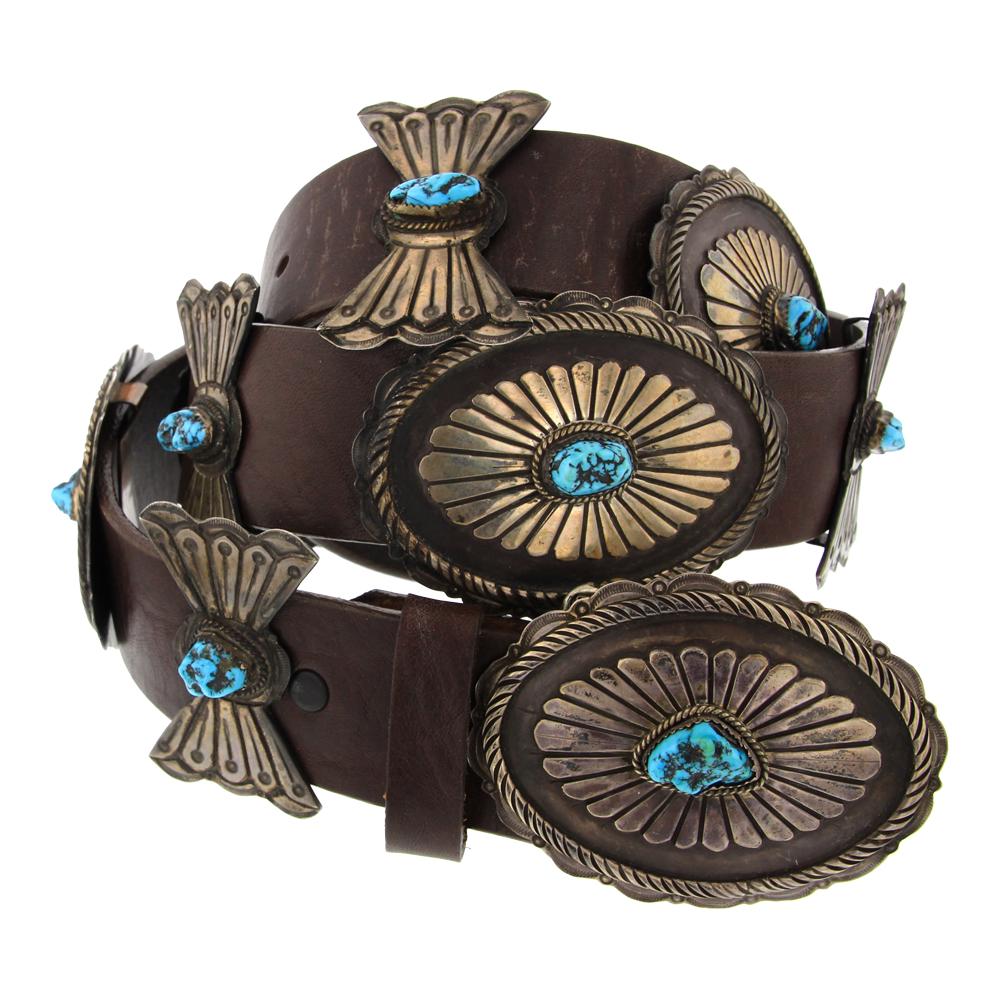 Vintage Pawn Turquoise Overlay Concho Belt: Sterling Silver | Genuine Turquoise | Vintage Pawn Turquoise Overlay Concho Belt | Navajo Native American Southwest Indian Jewelry | Weight: 636.4 Grams, | Dimensions: Belt: 43" length, 2.25" x 3" buc