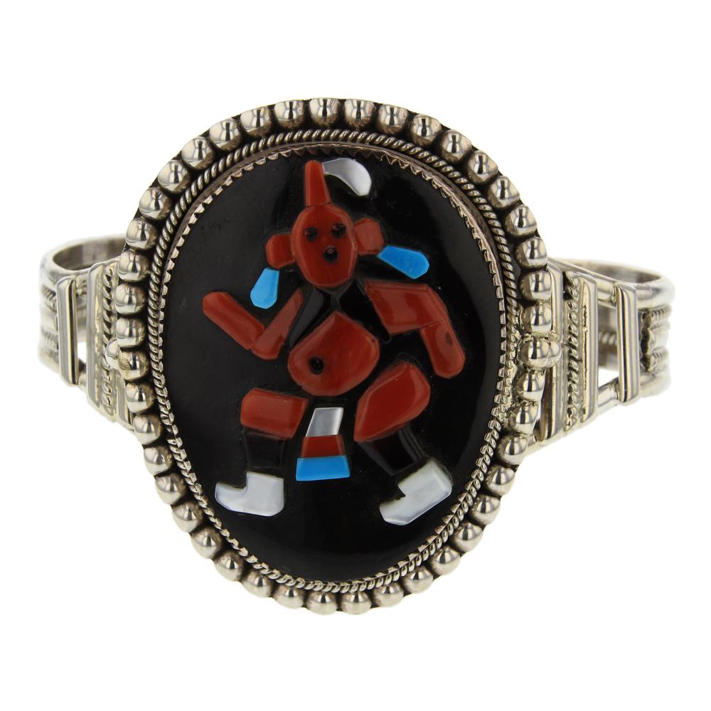 Bev Etsate Zuni Inlay Mud head Coral & Black Jet: Sterling Silver | Genuine Coral, & Black Jet | Bev Etsate Zuni Inlay Mud head Coral & Black Jet Bracelet | Zuni Native American Southwest Indian Jewelry | Weight:38.7 Grams, | Dimensions: Bracelet: 5.