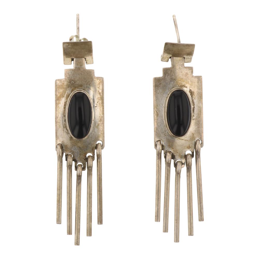 Vintage Black Onyx earrings: Sterling Silver | Genuine Black Onyx | Vintage Black Onyx earrings | Navajo Native American Southwest Indian Jewelry | Weight:10 Grams, | Dimensions: Earrings: .5" x 2.5" (for both) | Signed: RJR