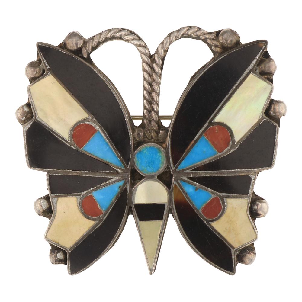 Vintage Zuni Turquoise Coral & Shell Butterfly Pin (1 of 2)