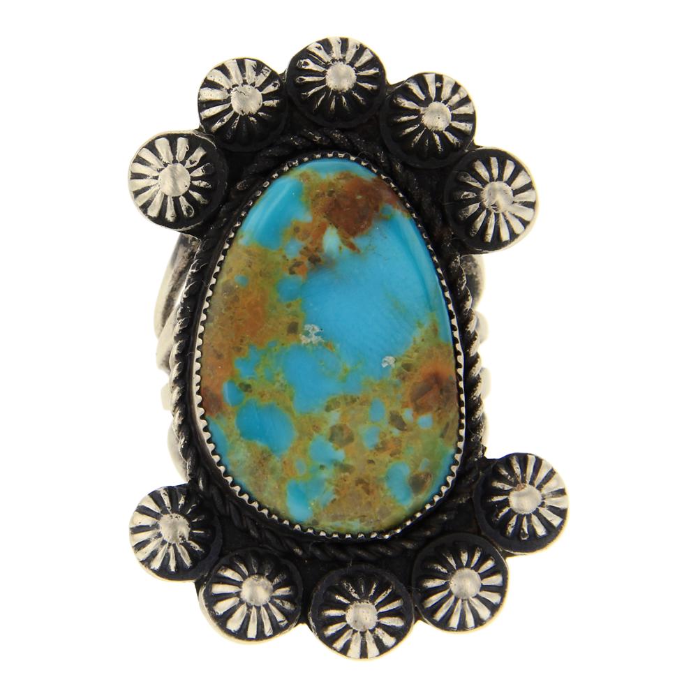 Menassa Turquoise Stamp Drop Ring: Sterling Silver | Genuine Menassa Turquoise | Menassa Turquoise Stamp Drop Ring | Navajo Native American Southwest Indian Jewelry | Weight:13.4 Grams, | Dimensions: Ring: 7 size, 1.5" face width |