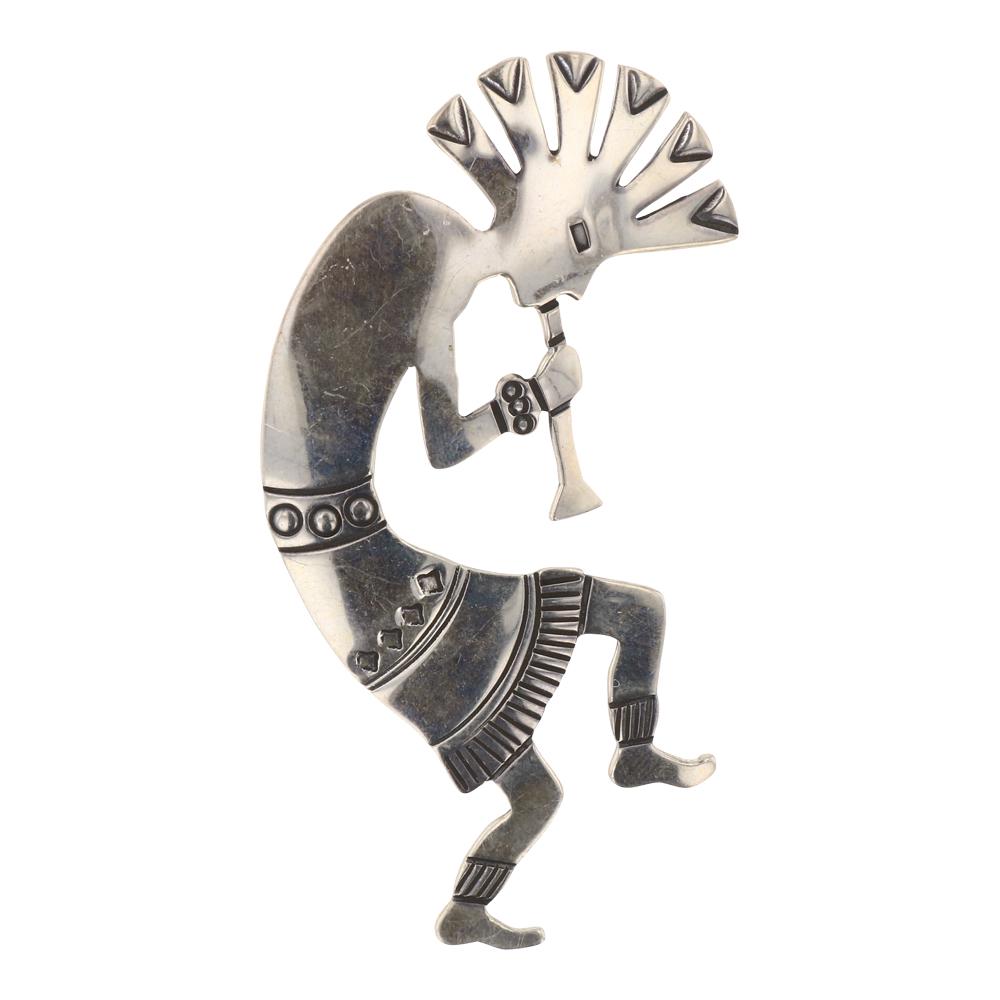 Navajo Plain Silver Kokopelli Pin: Sterling Silver | | Navajo Plain Silver Kokopelli Pin | Navajo Native American Southwest Indian Jewelry | Weight:9.6 Grams, | Dimensions: Pin: 1.5" x 2.75" | Signed: T